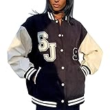 Onsoyours Bomberjacke Damen Sweatjacke College Sweat Jacket Reißverschluss Für Frauen Oversized Patchwork Jacke Vintage Druck Jacken Baseball Mantel Sport Jacke A Schwarz XS