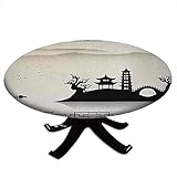 Runde Tischdecke mit elastischen Kanten, Dreary Sketch House on Hill Pagode Pavillon Brücke Getrocknete Bäume Ancient China Design 121,9 cm Durchmesser Schwarz Beig