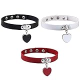 Jurxy Breit Lederhalsband Halskette 3PCS Herz Form Damen Leder Choker Metall Ring Halsband Gotik Punk Rock Lederband Einstellbar Kragen mit Herzanhänger - Schwarz Weiß R