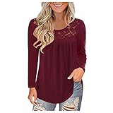 Women's Long Sleeve Blouses Round Neck T-Shirts Summer Patchwork Sewing Tops Shirt Hit Colour Tops(Wine, XXL)