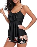 Holipick Damen-Tankini-Badeanzüge mit Shorts, Bauchkontrolle, zweiteilig, mit Rüschen, Tank-Top, Bademode, Schwarz und Blumenmuster, S