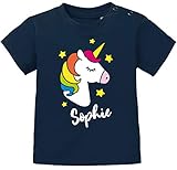 SpecialMe® Baby T-Shirt mit Namen Einhorn Aufdruck personalisierbar Namensgeschenk Mädchen Kurzarm Bio-Baumwolle dunkelblau 80/86 (10-15 Monate)