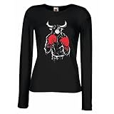 lepni.me Weibliche Langen Ärmeln T-Shirt Bull Kämpfer mit Boxhandschuhen und Muskel (XX-Large Schwarz Mehrfarben)