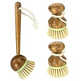 1 Set Spülbürste, 2 Mini-Palmen-Peelingbürste + 1 langer Griff Bürste Schrubber, Bambus Spülbürste Classic Retro Stil Natur Holz für Küche Bad Haushalt Reinigung