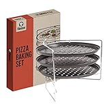 Chef Pomodoro Pizzabackset mit 3 Pizzaformen 28cm und Pizzaständer, antihaftbeschichtete perforierte Pizzableche, für den Back