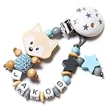Baby Schnullerkette mit Wunschnamen - Junge - Mädchen - Fuchs - Bär - Füßchen - Wolke - Herz - Stern (Schnullerkette mit Namen - natur/blau - Fuchs)