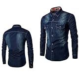 Jeanshemd Herren Langarmhemd Langarm Kentkragen Regular Fit Western Schweres Denim Hemd Shirt mit 2 Brusttaschen Männer Cowboy Style Freizeit Hemd Business Casual H