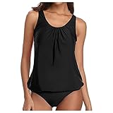 Lazzboy Tankini Damen Plus Size Print Strappy Back Bikini Set Zweiteilige Badeanzüge Badekleid Bauchweg Push Up Badeanzug Mit Shorts Monokini Verstellbare Träger Bademode (Schwarz,XXL)