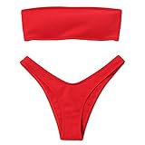 ZAFUL Damen High Cut Bandeau Bikini Set Trägerlos Gerippt Bikinis Bademode(Rot M)