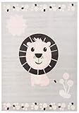Carpeto Rugs Löwe Kinderzimmerteppich - Kurzflor Kinderteppich - Weich Teppich für Kinderzimmer - ÖKO-TEX Wohnzimmerteppich - Teppiche - Grau Rosa - 140 x 200