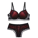 Vertvie Damen BH Set Spitze V Push Up Bügel BH Bra und Slip Unterwäsche Lingerie Panty Dessous Sets (90C, Rot)