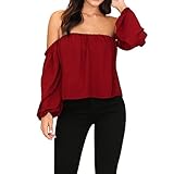 Kolylong® Sweatshirt Damen Frauen Elegant Trägerlos Langarm Blusen Vintage Rückenfrei Oberteile Festlich Langarmshirt Mode Off Schulter Shirt Pullover Hemd T-Shirt Tunika Tops (M, Rot)