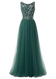 Callmelady Hoher Hals Tüll Abendkleider Lang Elegant für Hochzeit Ballkleider Damen mit Schlüsselloch Zurück (Dunkelgrün, EU32)