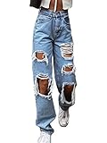 Onsoyours Damen Jeans mit Hoher Taille Slim Fit Stretch Schlank Jeanshose Push Up Denim Pants Boyfriend Löcher Zerissene Jeans Knopfleiste D Blau M