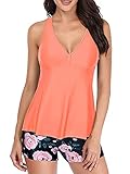 ChouZZ Sexy Damen-Badeanzug, V-Ausschnitt, ärmellos, Tankini, Tankini, Tank-Top, 2 Stück, Orangerosa, L