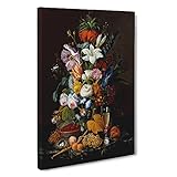 Big Box Art Kunstdruck auf Leinwand, Motiv Stillleben mit Blumen und Früchten, Vol.10, von Severin Roesen, 76 x 50 cm, Schwarz, Braun, G