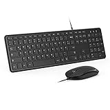 Tastatur und Maus mit Kabel, Full-Size Tastatur mit Maus kabelgebunden leise Deutsches QWERTZ Layout Tastatur für PC, Laptop, Windows(Schwarz)