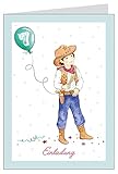'Einladung' Süße Einladungskarte für einen Jungen mit einem Cowboy Kind zum 7. Geburtstag mit Geschenk, Konfetti, Luftballon mit Zahl 7 Klappgrußkarte in blau (Mit Umschlag) (1)