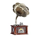 Plattenspieler Retro-Plattenspieler All in One Vintage Phonograph Nostalgisches Grammophon mit Kupferhorn, Eingebauter Lautsprecher 3,5 mm Aux-In/USB/CD/FM/Radio-R