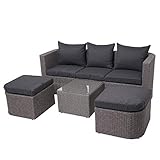 Mendler 3in1-Garnitur HWC-J37, Garten-/Lounge-Set Sonneninsel, Spun Poly halbrundes Poly-Rattan - grau,