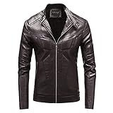 LUONE Männer Plüsch gefütterte Lederjacken, Fleece Warme Stehkragen Jacke PU Motorrad Kleidung Outdoor Fleecejacken Warm Mantel mit Taschen,Kaffee,3XL