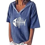 Leinenbluse Damen Sommer Große Größen, Damen Vintage Kurzarm V-Ansatz Gedruckte Leinen T-Shirt Lose Pullover Top Damen Kurzarm Leinenhemd Damen Sommer T-Shirt Tops Kapuze Ob