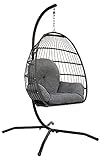 Hängesessel mit Gestell Outdoor Polyrattan mit Kissen & Abdeckhaube, Hängesessel Outdoor & Indoor (Für Erwachsene & Kinder) Faltbarer Hängestuhl Belastbar bis 150 kg (Grau)