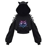 XIAOYUER Damen Hoodie Dunkle Gotik Kapuzenpullover Katzenohren Schwarz Langarm Sweatshirt Hollow Out Gothic Crop Tops Herbst und Winter Bluse Köln Karneval Partykleidung