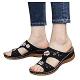 Dasongff Hausschuhe Damen Sommer Pantoletten Orthopädische Sandalen Plateau Bestickte Pantoffeln Keilabsatz Schuhe Elegant Blumen Sandaletten Casual Slippers Slingback Open Toe S