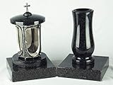 designgrab Alu Grablampe aus Aluminium in Antikoptik mit Kreuz und Grabvase und 2 Stück Sockel eckig in Granit Nero Imp