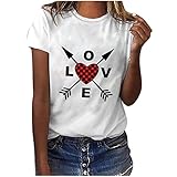 Love Valentinstag T Shirt Damen Lässige Oberteile mit Karierte Liebes Herz Motiv Kurzarm Tee Tops mit Rundhalsausschnitt Frühlings Herbst Basic Shirt All Match Tunika Bluse Geschenk fü