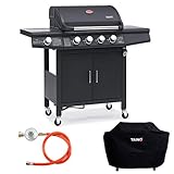 TAINO RED 4+1 Grillwagen BBQ Edelstahl-Brenner Gasgrill schwarz inkl. Zubehör Abdeckplane Haube Gasreg