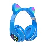 Kabellose Kopfhörer, Katzenohren, LED-Beleuchtung, Bluetooth, faltbare Kopfhörer mit Mikrofon, On-Ear-Stereo-Headset für Kinder, Mädchen, Jungen, Telefon, TV, Laptop (blau)