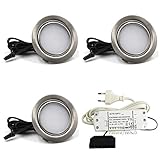 3er Set LED Einbaustrahler Möbelleuchte Möbeleinbaustrahler flach 3W LED 12V/ DC warmweiß 3000K Farbe Edelstahlgebürstet + 15Watt LED Trafo 230V