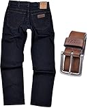 Wrangler Texas Stretch Herren Jeans Regular Fit inkl. Gürtel (W36/L30, Blue Black + brauner Gürtel)