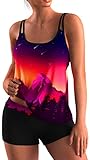 PADOLA Tankini Damen Bauchweg mit Oberteil und Badeshorts Zweiteilig Badeanzug UV Schutz Bademode(Mountain,3XL)