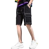 ZJZ 2021 Neue Baumwolljeans Herren Black Tooling Fünf-Punkte Hosen 5 Punkte Lose Port Feng Jugend Kurze Hosen (Color : A, Size : 33 EU)