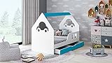 BDW Kinderbett HOUSEBETT MIT SCHUBLADE Blau Modernes Design mit sicheren Kanten (7, 160x80)