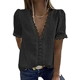 NPRODLO Damen Chiffon Shirts Sexy Kurzärmlig Tiefer V-Ausschnitt Bestickte Spitze Geschnürt Tunikan T-Shirt Bluse Frauen Sexy Einfarbig Klassisch Bauchfreies Oberteile Hemden Crop Tops für den S