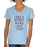 Comedy Shirts - Like a Horst Make Halli Galli - Damen V-Neck T-Shirt - Hellblau/Lila-Fuchsia Gr. L