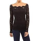 Buby Oberteile Sexy Langarmshirt Damen Tshirt Blusn Tunika Schwarz Lace Oberteile Elegant Top Damen Spitzen Shirt Spitzenbluse Bluse Transparent T-Shirt Lace Top Rundhals Party Oberteile Tunik