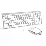 Tastatur und Maus Kabellos, 2.4G Wireless Tastatur mit Maus aus Aluminium, Ultradünn und Leise, 1600 DPI, Wiederaufladbare QWERTZ Funktastatur für PC, Desktop, Laptop, Smart TV(Weiß und Silber)