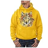 Herren-Kapuzenpullover mit Kapuze, einfarbig, Wolf-Blumendruck, Sweatshirt, Oberteil, lässig, langärmelig, lockerer Kordelzug, gelb, XXL