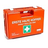 Erste-Hilfe-Koffer für Betriebe DIN 13169 in orange, Verbandkasten gefüllt und mit Wandhalterung