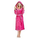 Damen Herren Bademantel mit Kapuze Langer Plüsch-Bademantel mit Gürtel Unisex Morgenmantel Flauschig mit Tasche Plüschfutter Bath-Robe mit V-Ausschnitt Langärmeliger Herbst Winter Morg