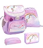 Belmil ergonomischer Schulranzen Set 4 -teilig für Mädchen 1, 2 Klasse Grundschule/Super Leicht 750-800 g/Brustgurt/Einhorn, Regenbogen/Lila, Rosa (405-33 Rainbow Unicorn)