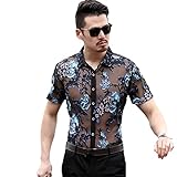 DSDFSVEW Herren Stickerei Transparent Shirt Sexy Spitze Shirt Durchsichtig Mesh Shirt Club Party Prom Chemise, blau, Large Kurze S