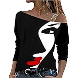 Trendige Oberteile Damen Vintage abstraktes Porträt Malerei Druck T Shirt Pullover mit schrägem Kragen One Shoulder Langarm Tunika Sexy schulterfreie Bluse S