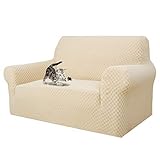 MAXIJIN Jacquard Sofabezug 2 Sitzer Couchbezug Stretch Sofahusse für Wohnzimmer Sofa-bezug für Hunde Haustiere Schonbezug Sofa mit Anti-Rutsch-Schäume (2 Sitzer, Hell Beige)