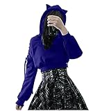 iHENGH Damen Cat Ears Black Hoodie süß Langarm Kapuzenpullover Sweatshirt, Hollow Out Gothic bänder ärmeln schnürung Pulli Tops Bluse Oberteil(G-Blau,XL)